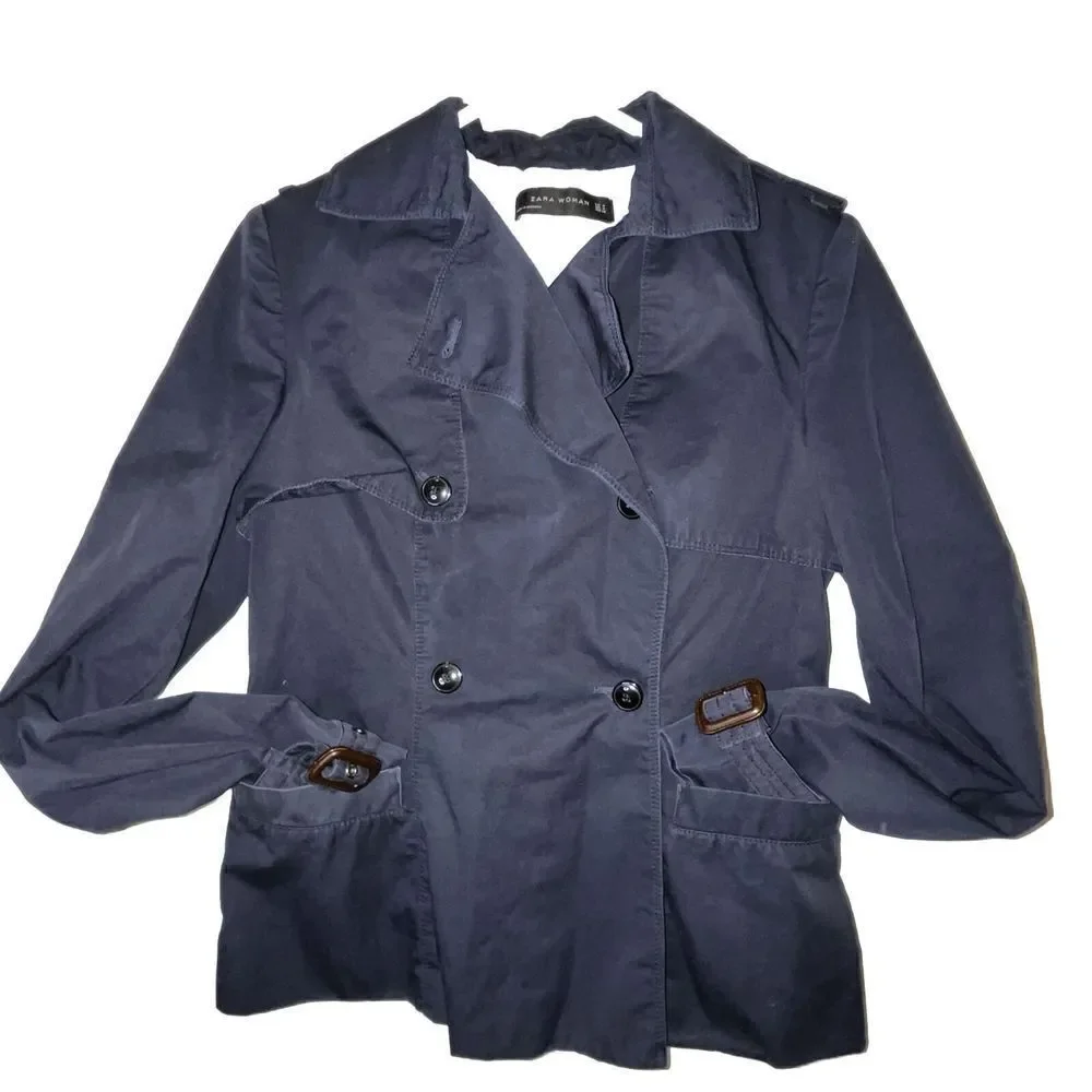 Zara Women's Jacket Coat Sz M Navy Blue Business Collared Buttons Buckles Chic